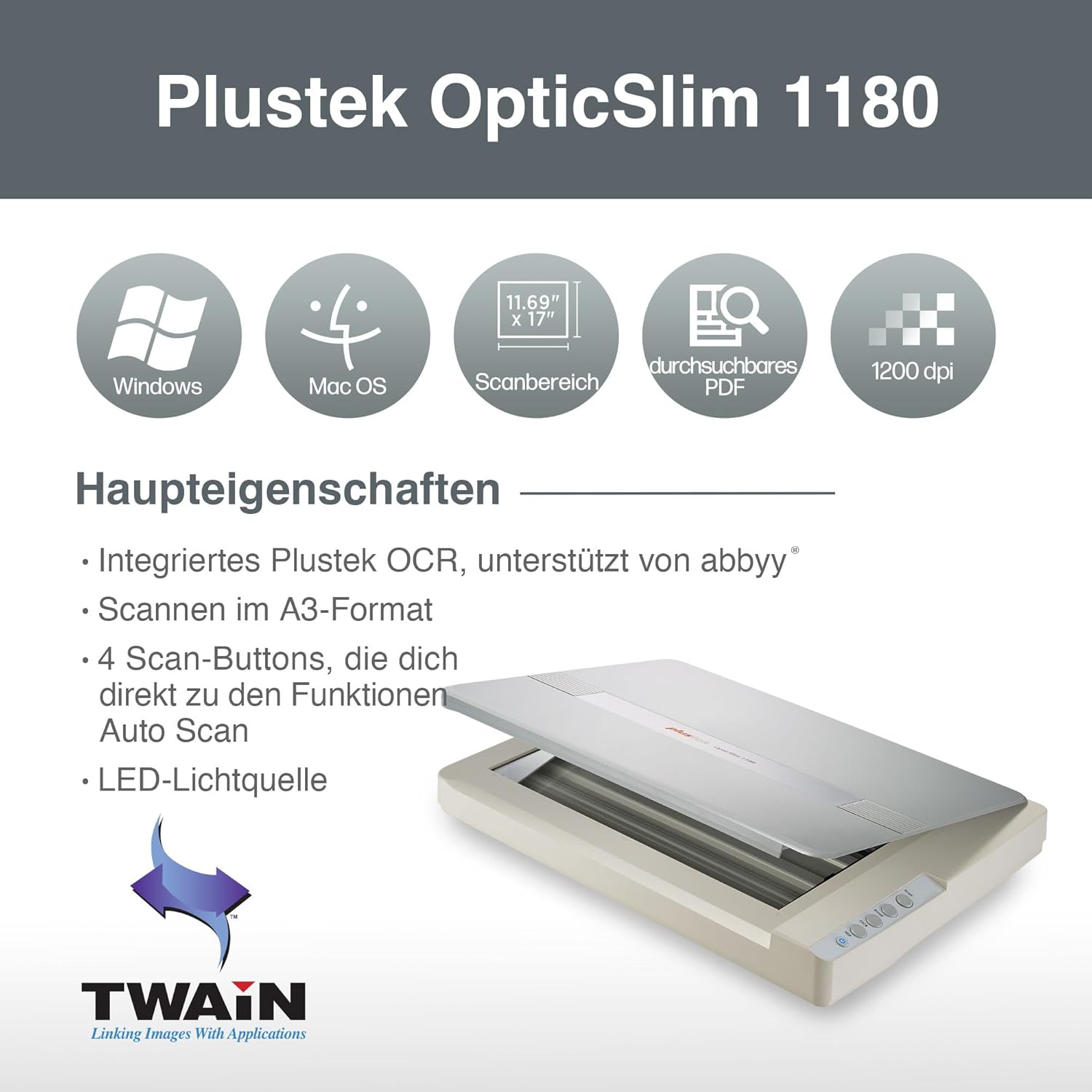 Plustek A3-Flachbettscanner OS1180, für A3-Grafiken und Dokumente Design für Büchereien, Schulen und kleine Büros. Benötigt ca. 9 Sekunden für EIN A3-Dokument.