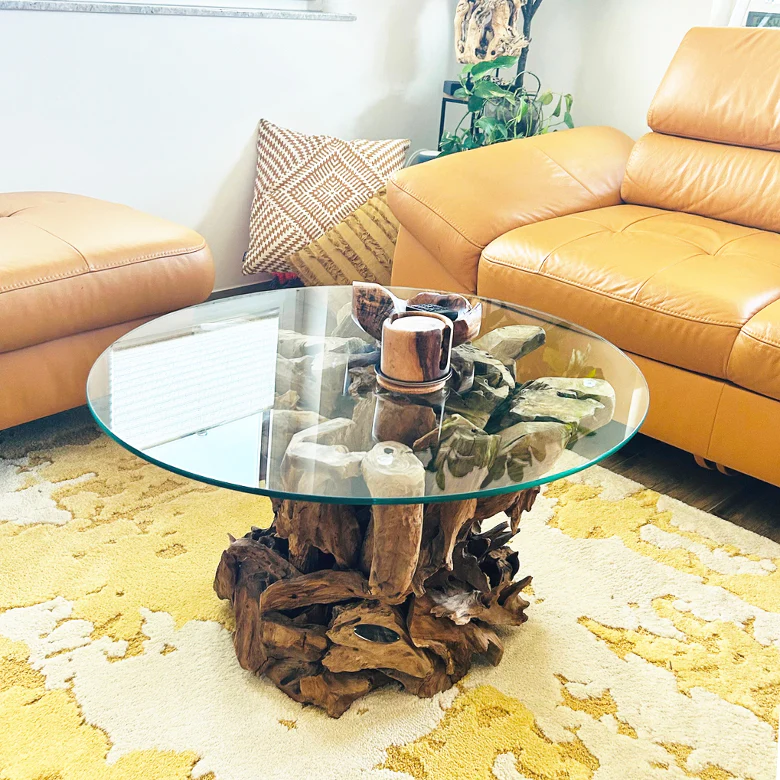 Handgearbeiteter Couchtisch IKAL aus Wurzelholz inkl. Glasscheibe  80 cm