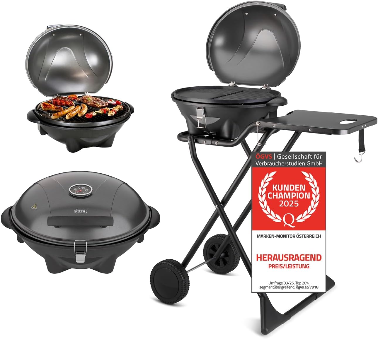 TZS First Austria 2in1 Elektrogrill – extrem stabiler & klappbarer Elektrogrill für Balkon – abnehmbarer 2400 Watt Standgrill mit Deckel, Standfuß & Rädern, Kunststoff/Metall – inkl. Temperaturregler