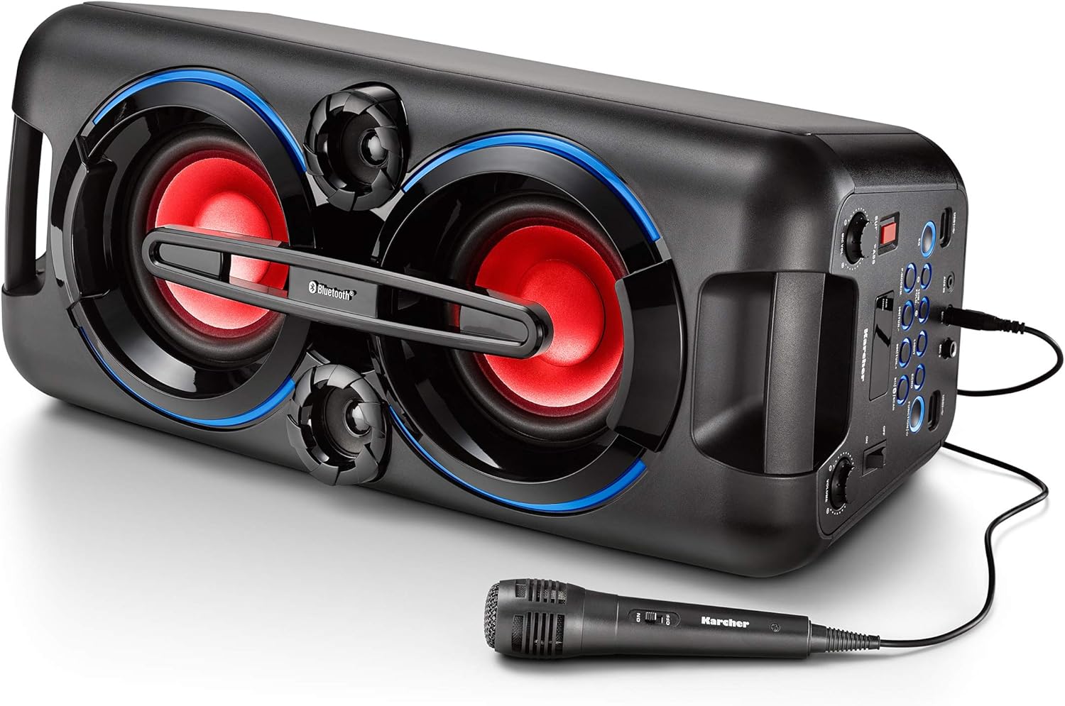 Karcher PS 4460 PartyBox in schwarz, Tragbarer Bluetooth Lautsprecher gro, Party Musikbox mit kraftvollem Bass und Lichteffekten, Mobile Box mit Akku, mit Radio, USB, inkl. Mikrofon