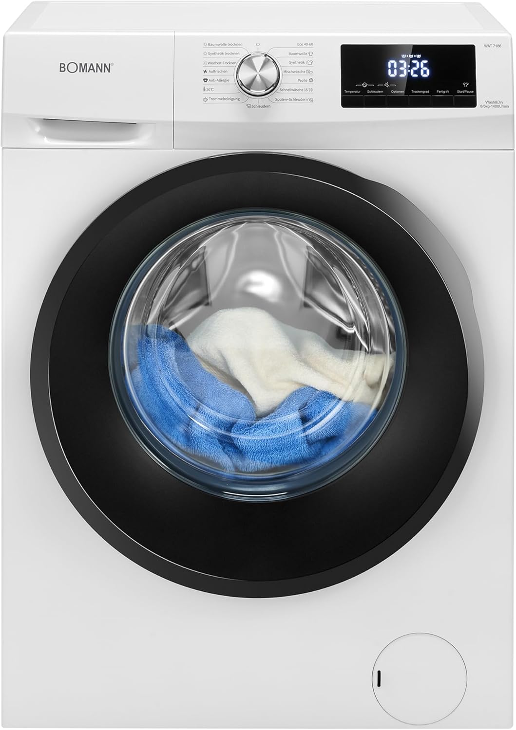 Bomann® Waschtrockner | Waschen und Trocknen in einem Durchgang | 8 kg Waschen, 5 kg Trocknen | Invertermotor | 1400 U/Min | Dampffunktion | Waschmaschine mit Trockner integriert | WAT 7186 weiß