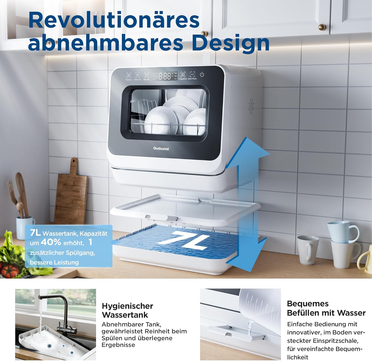 Gudsunal Tischgeschirrspüler, Mini Geschirrspüler mit 7L Wassertank,ohne Wasseranschluss, 6 Programme,72°C Hochtemperatur-Hygiene,Hybrid-Trocknung & Erhaltungsfunktion, Spülmaschine klein für Camping