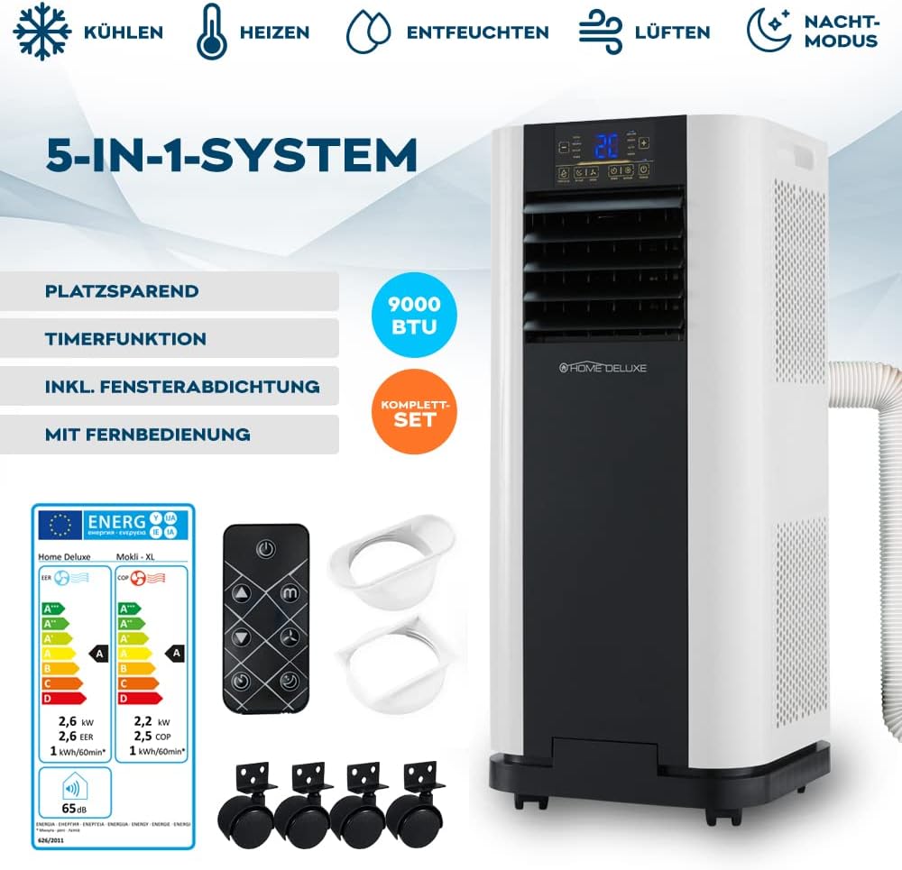 HOME DELUXE - Klimaanlage Set MOKLI XL - Mobiles Klimagerät mit 5 in1 System: kühlen, heizen, entfeuchten, lüften, Schlafmodus - 9000 BTU/h (2.600 Watt) - inkl. Fensterabdichtung