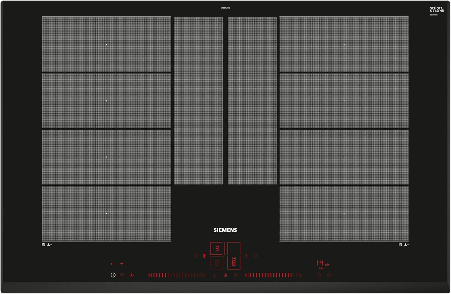Siemens EX851LYV5E, iQ700, Smartes Induktionskochfeld 80 cm, autark, Rahmenlos aufliegend, Touch & Slide, varioInduktion Plus, Intelligente flexZonen, Bratsensor Plus, cookConnect System, Schwarz