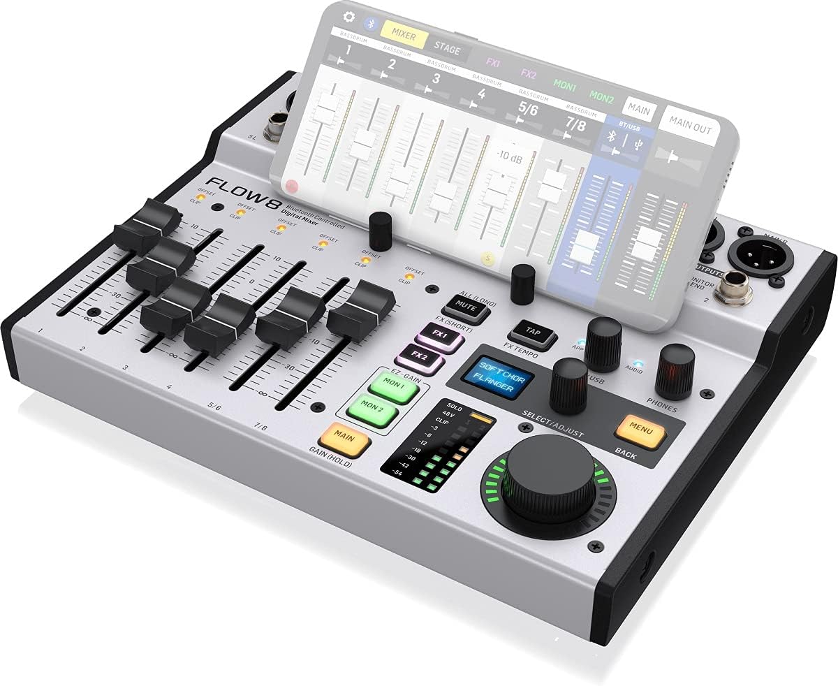 Behringer FLOW 8 8-Input Digital Mixer with Bluetooth Audio and App Control, 60mm Channel Faders, 2 FX Processors and USB/Audio Interface