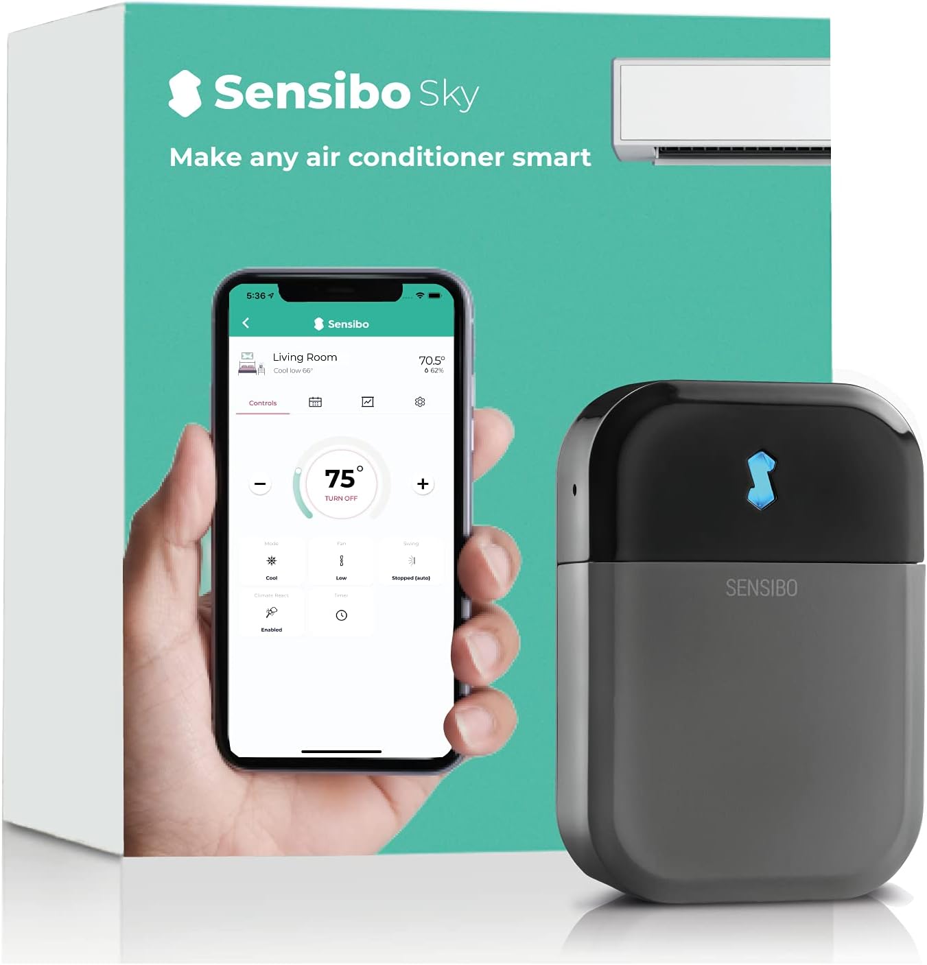 Sensibo Sky, kabellose  e Steuerung für Klimaanlagen. Schnelle & einfache DIY-Installation. Komfort dank energieeffizienter Thermostat-Control-App. Kompatibel mit Google, Alexa & Siri