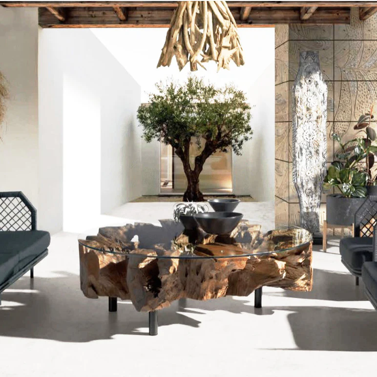 Wurzel Couchtisch NAGA inkl. Glasscheibe  100 cm auf Stahlfüssen