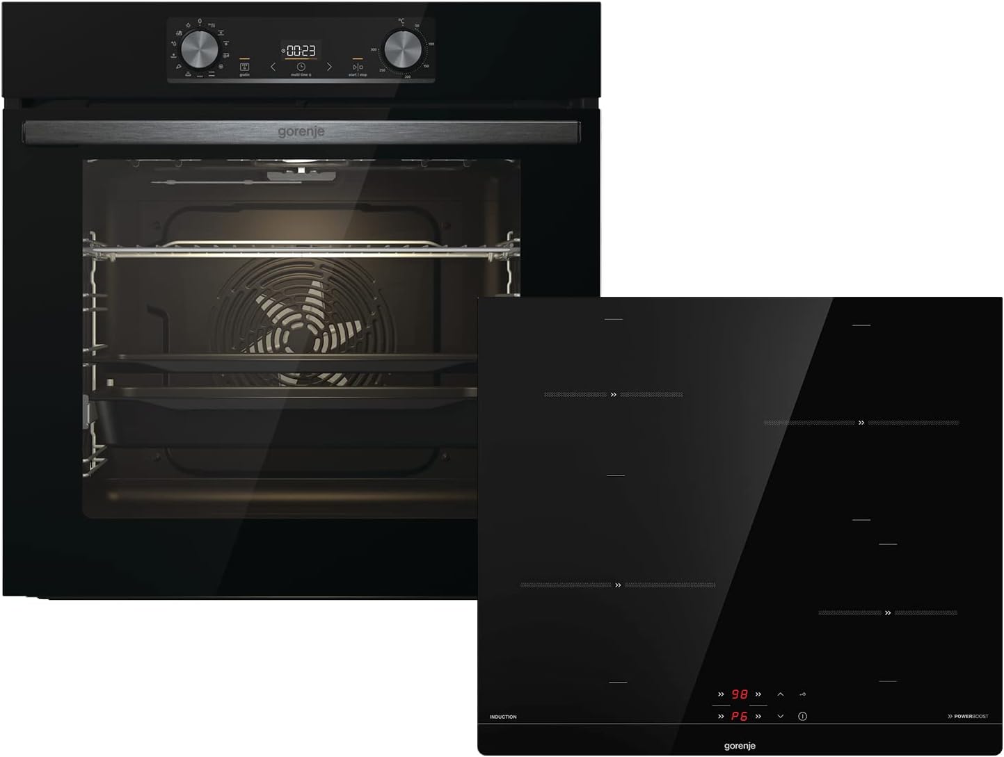 Gorenje 738971 Einbaubackofen-Set OptiBake Black Steam Pyro Set / 77L / Heißluft/Pyrolyse/ExtraSteam/GentleClose/AirFry/Pizzamode 300°C/PerfectGrill/Induktions-Kochfeld mit BridgeZone/schwarz