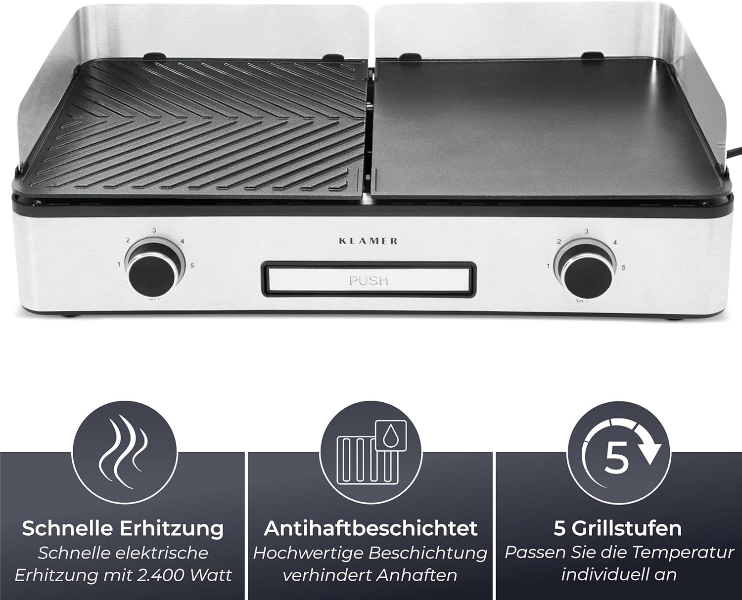 KLAMER Elektrogrill, antihaftbeschichtete und abnehmbare Duo-Platten, separate Temperatureinstellung, 5 Grillstufen, mit Wind-/ Spritzschutz & Auffangschale