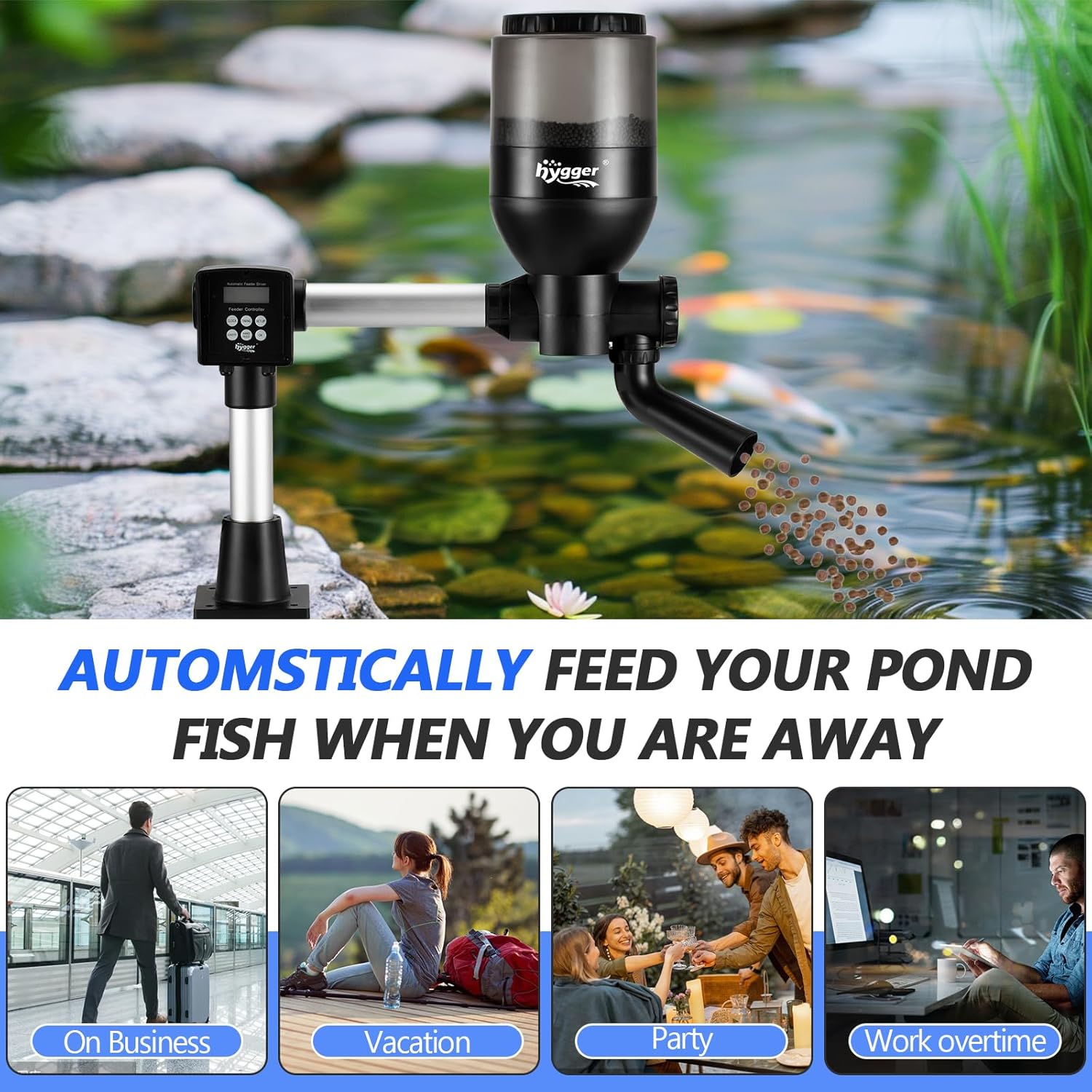 hygger Futterautomat Teich, Large Programmierbarer Fischfutterautomat Outdoor mit LCD Display Controller, Automatischer Fischfutterspender 5.5 Liters Fish Feeder Pond Koi for Weekend Holiday