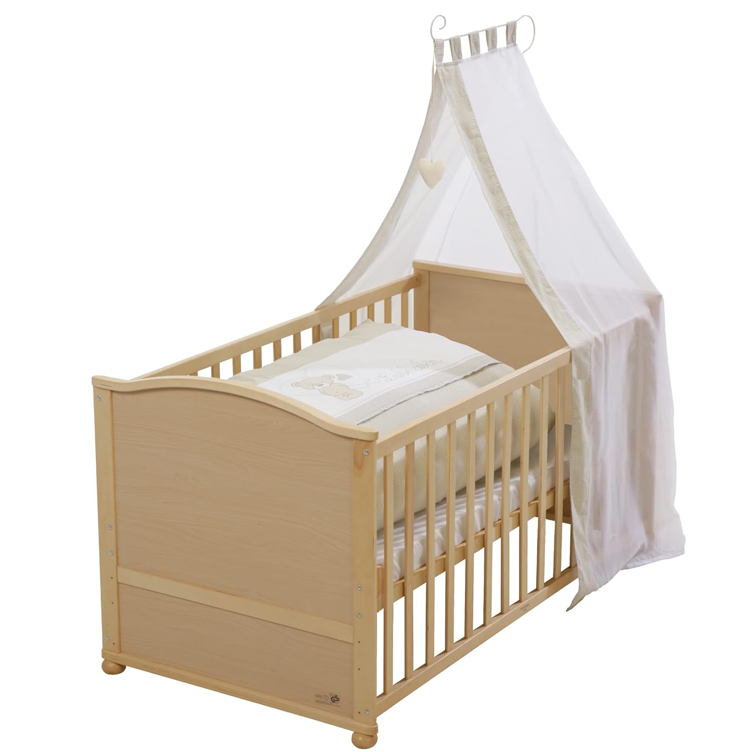 roba Babybett Set Adam & Eule - 70 x 140 cm - Mitwachsendes Kinderbett mit Bettwäsche, Himmel, Matratze - Höhenverstellbar - zu Juniorbett umbaubar - Holz weiß