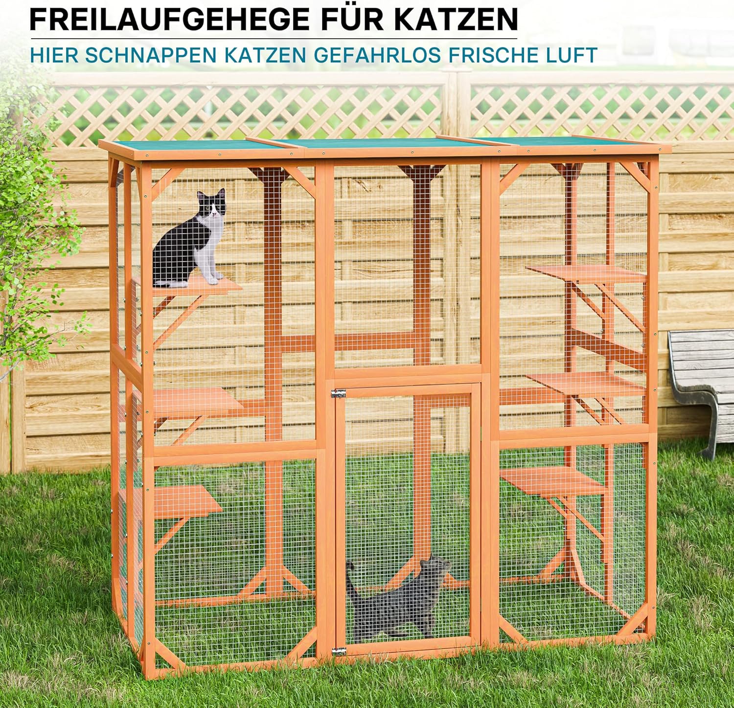 Wiltec Freilaufgehege Katzen 168 x 82 x 166,5 cm mit 6 Liegeflächen, wetterfestes Katzengehege Garten, Katzenhaus mit Drahtgitter und Bitumen Dach
