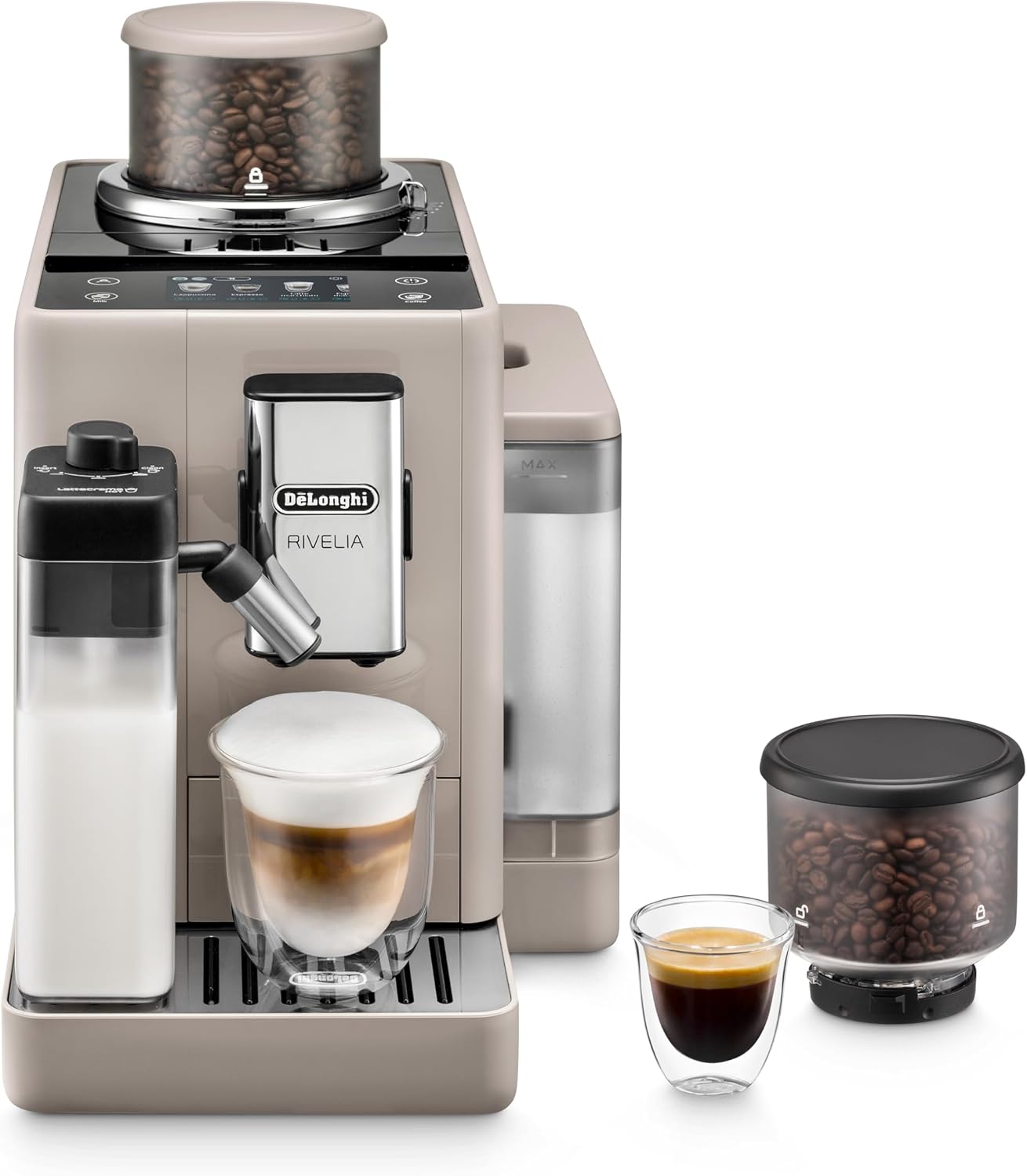 De'Longhi Rivelia EXAM440.55.W Kaffeevollautomat mit LatteCrema Milchsystem, Wechselbarer Bohnenbehälter, 16 Kaffee- & Milchgetränke auf Knopfdruck, Extra-Shot-Funktion, 3,5 Touch-Display, Weiß