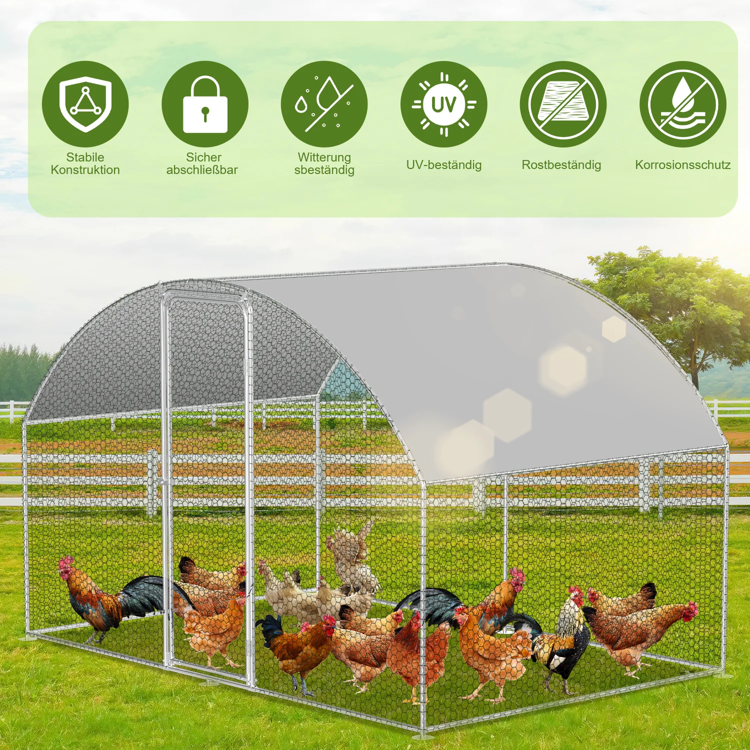 Sonnewelt Hühnerstall Freilaufgehege Kuppeldach Verzinktem Stahl 3x2x2m
