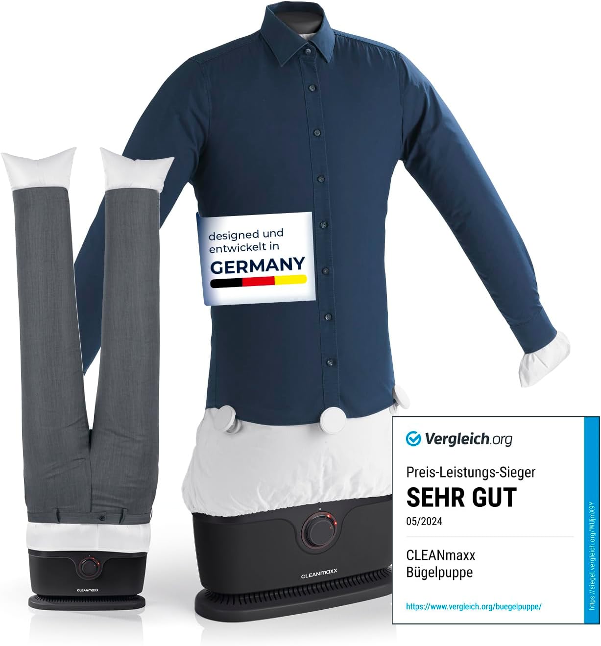CLEANmaxx Automatischer Hemden-Bügler zum Trocknen und Gltten von Hemden & Blusen inklusive Aufsatz für Hosen | Die innovative und schonende Art, Ihre Wsche zu gltten