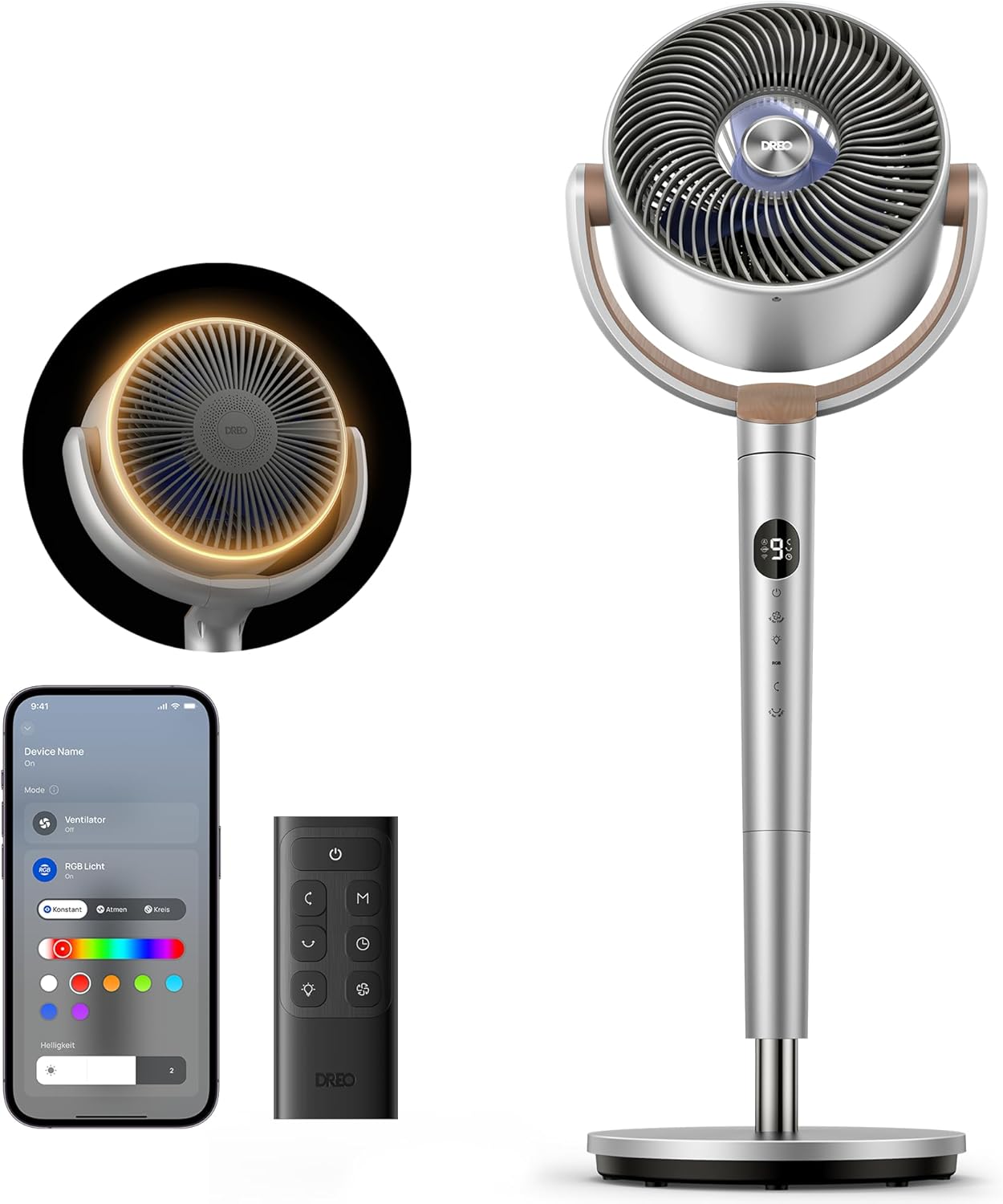 Dreo Smart Standventilator mit RGB Light, 120° +120° Oszillierender Ventilator mit Fernbedienung, 20dB Leiser Bodenventilator für Schlafzimmer, 8H Timer, Silber