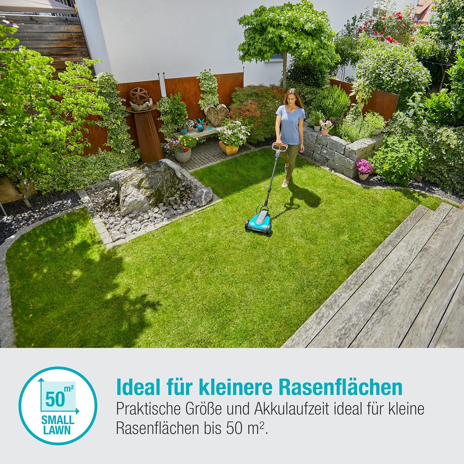 Gardena Akku-Rasenmäher HandyMower 22/18V P4A Ready-To-Use Set: Handrasenmäher, für Rasenflächen bis zu 50 m², Schnitthöhenverstellbar, inkl. 18V P4A Akku (14620-20)