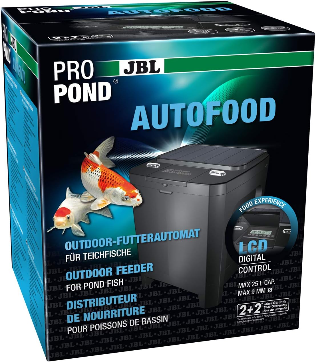 JBL Futterautomat für Koi und andere Teichfische, PROPOND AUTOFOOD, Wetterfest, Solar, 37,5 x 37,5 x 46,2 cm, schwarz