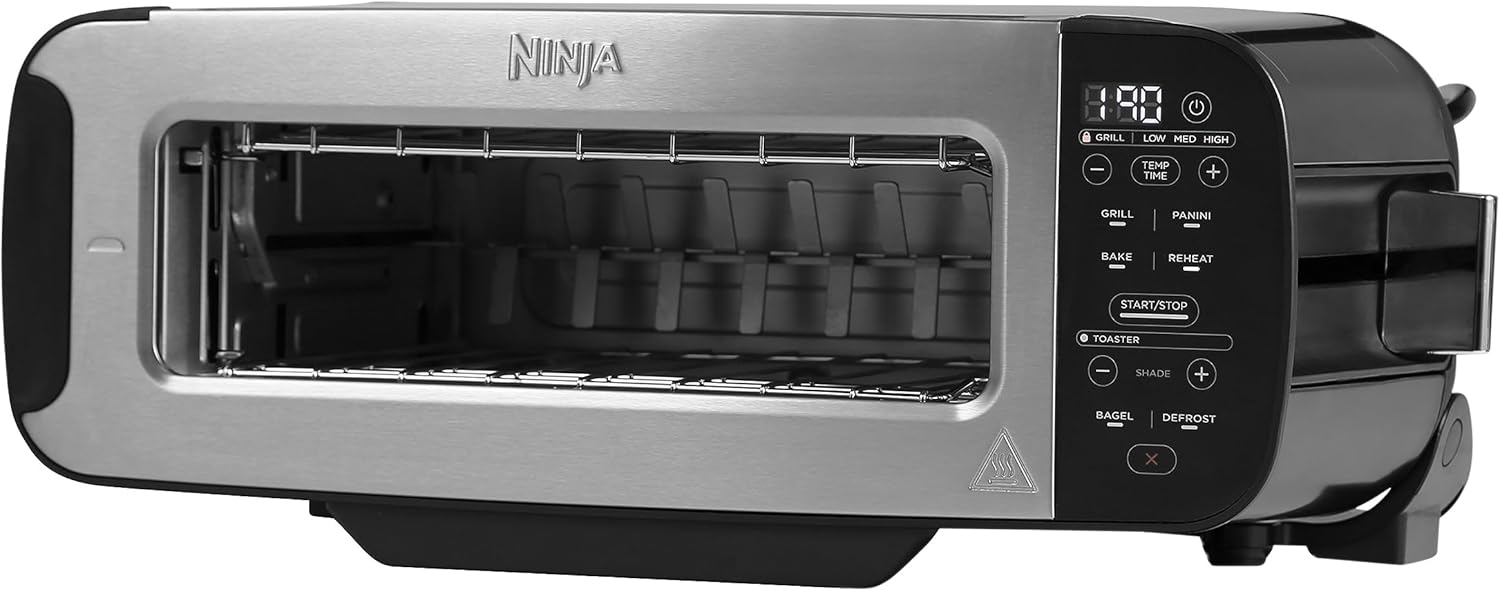 Ninja Foodi 3-in-1 Toaster, Elektrogrill mit Deckel, Panini-Presse mit Flip-Design, 7 Kochfunktionen, 7 Toastlinien, Backblech und Krümelschale, Edelstahl, ST202EU