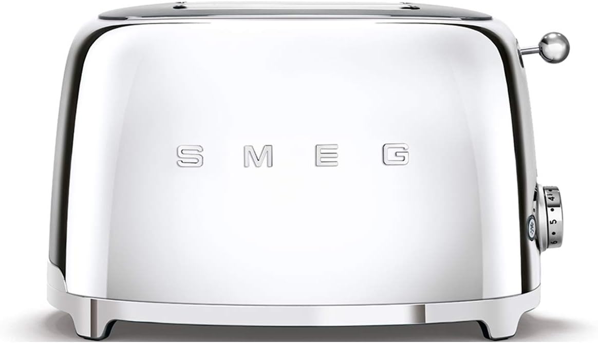 Smeg, 2x2 TSF01SSEU -Toaster, 2 Schlitze für 2 Scheiben, 6 Vergoldungsniveaus, Heizfunktion, Abtau- und Bagel- Funktion, Sammelschublade, 950W, Chrom