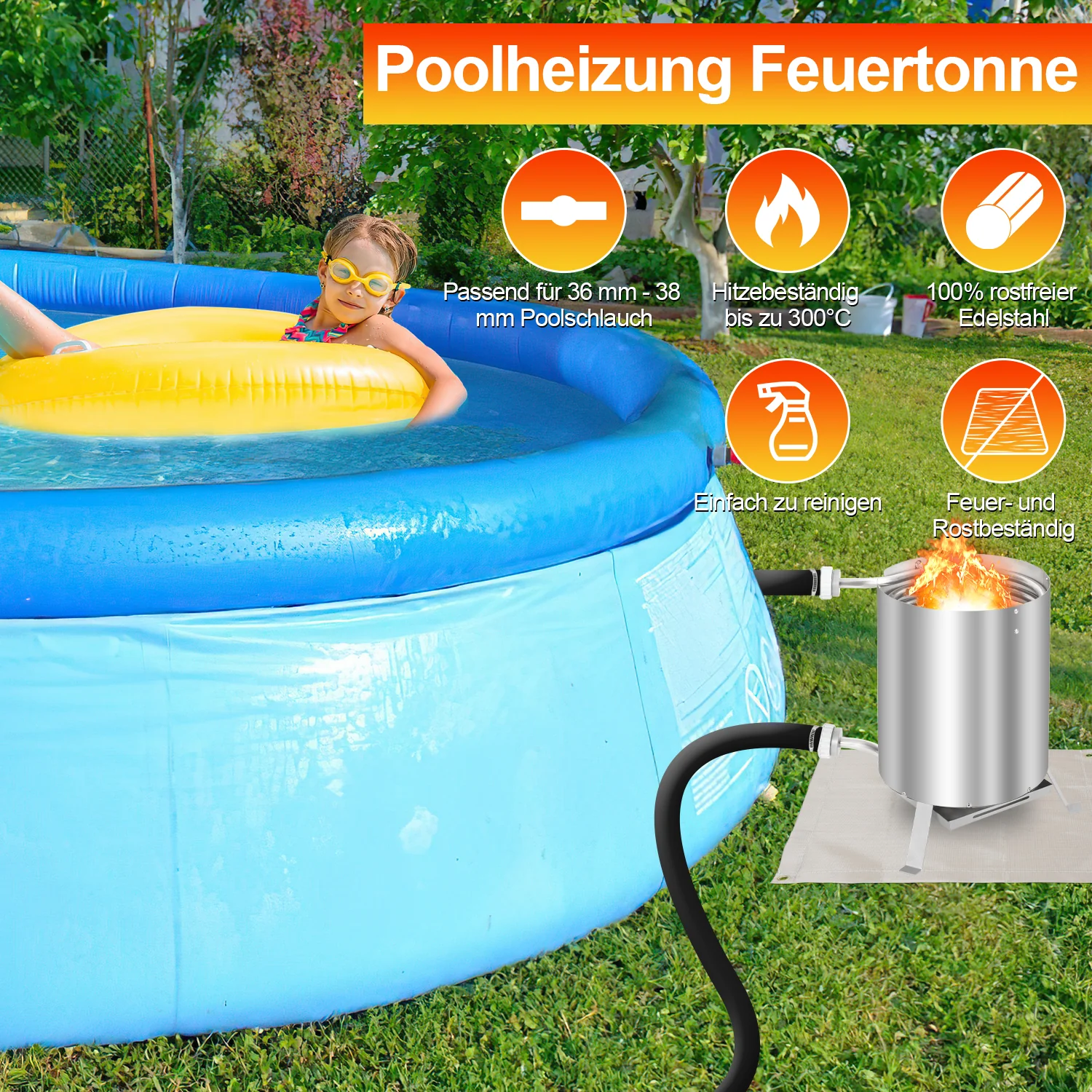 Sonnewelt Poolheizung Feuertonne mit Heizspirale Edelstahl