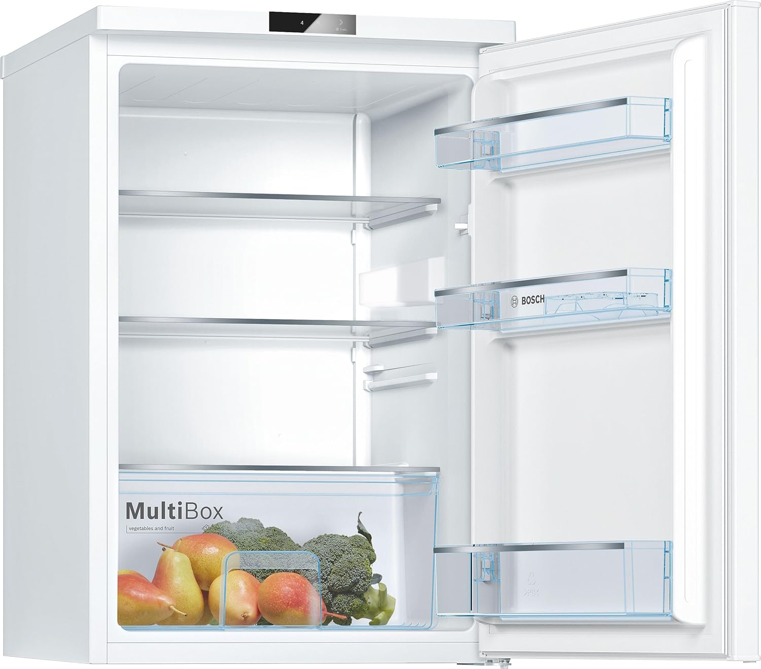 Bosch KTR15NWEB, Serie 2 Mini-Kühlschrank 85 x 56, 134 L, MultiBox für länger frisches Obst und Gemüse, Schnellkühlung, 39 dB leise trotz starker Kühlkraft, LED-Beleuchtung, Weiß