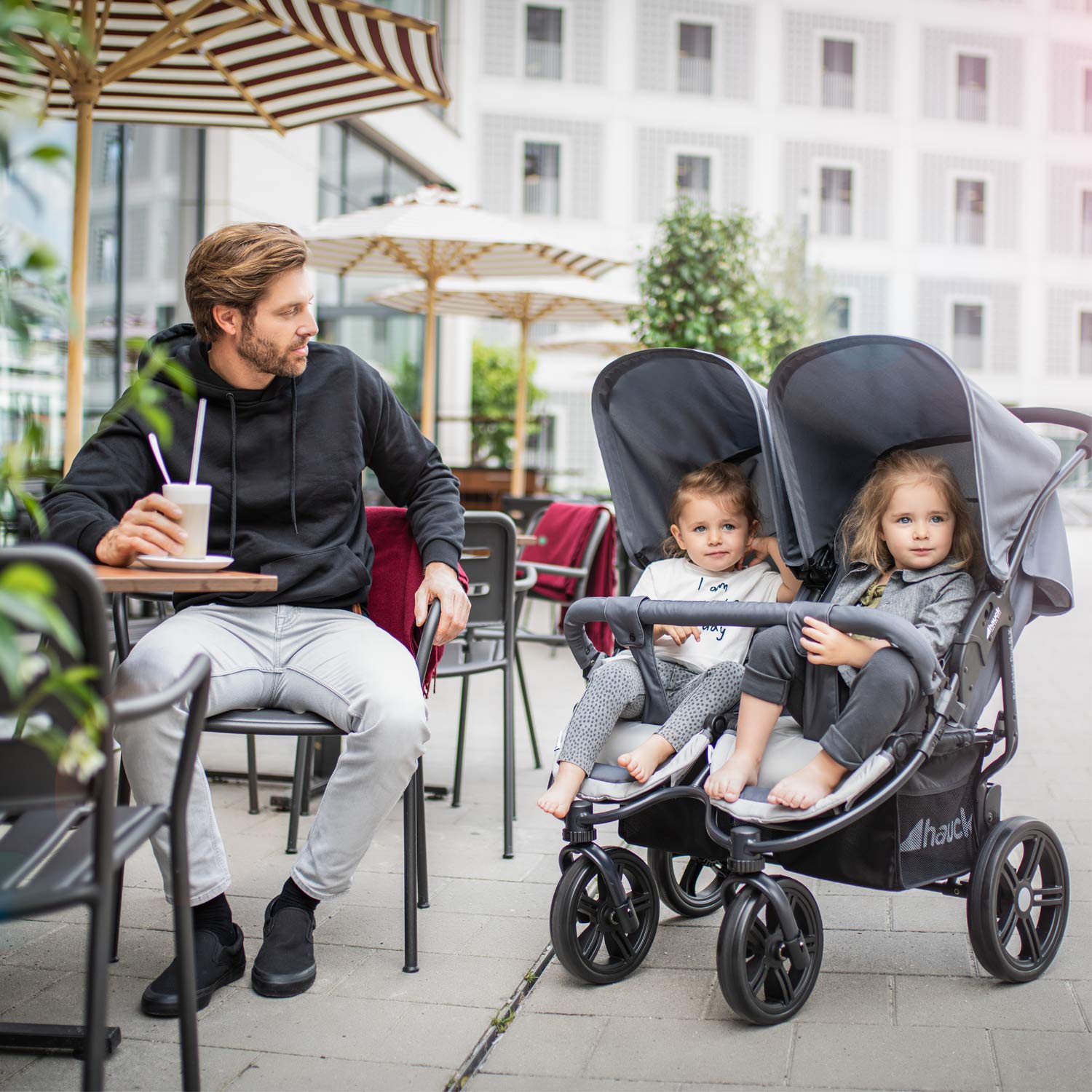 hauck Geschwisterwagen Roadster Duo SLX, Zwillingsbuggy ab Geburt bis 15 kg (ca. 3 Jahren) mit Liegefunktion, XL Korb, Einfach und Klein Zusammenklappbar, Große Räder (Grey/Silver)
