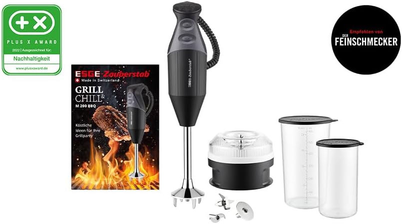 ESGE Zauberstab M 200 BBQ 98215 Stabmixer schwarz, Pürierstab, Handmixer, Profi, inkl. Zubehör, bis zu 17.000 U/Min, 200 Watt, Ergonomisches Griffdesign, Twinschalter, Aufsteckzentrierung, AC-Motor