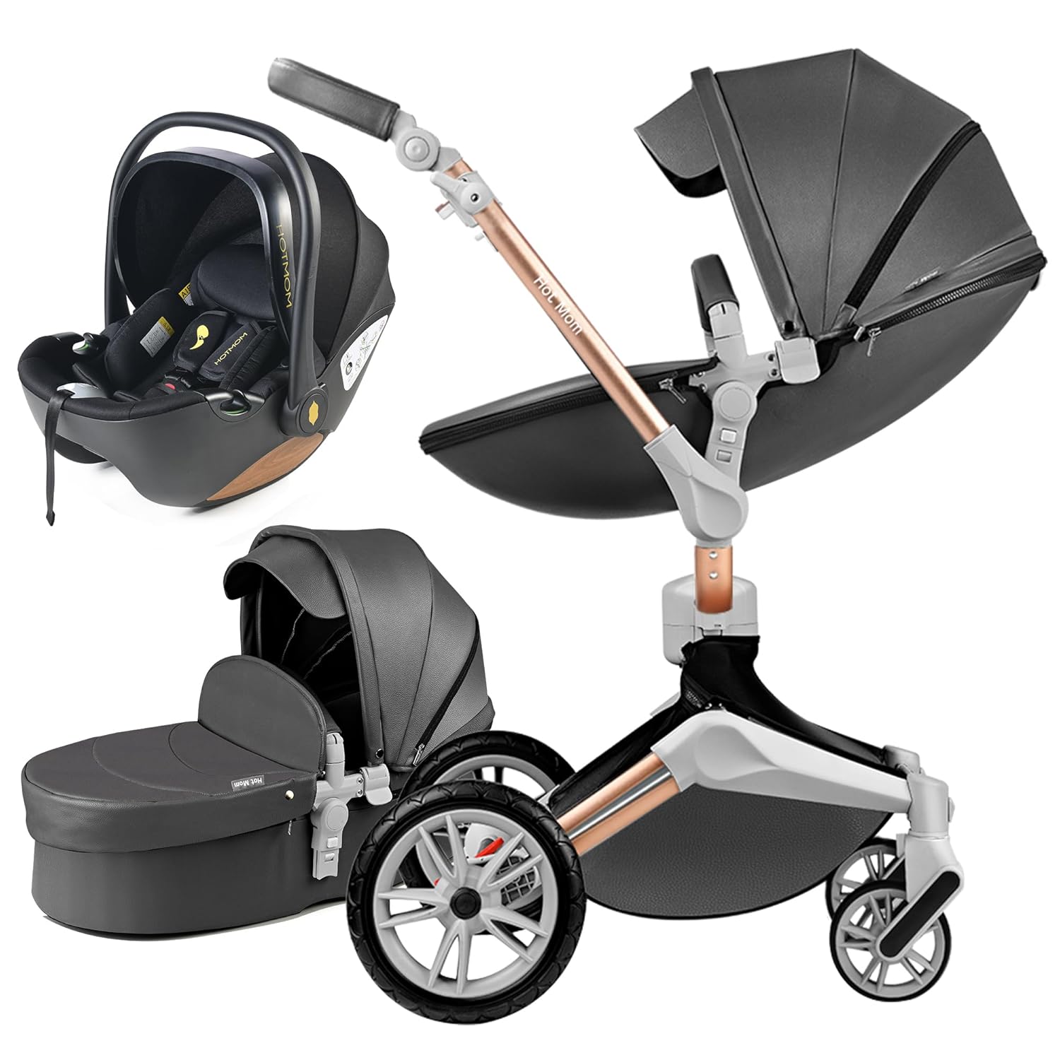 Hot Mom Kinderwagen set mit 360° Drehfunktion, Kombikinderwagen 3-in-1. Ausgestattet mit PU-Reifen und Kunstledersitz und viele weitere Zubehören, Dunkelgrau