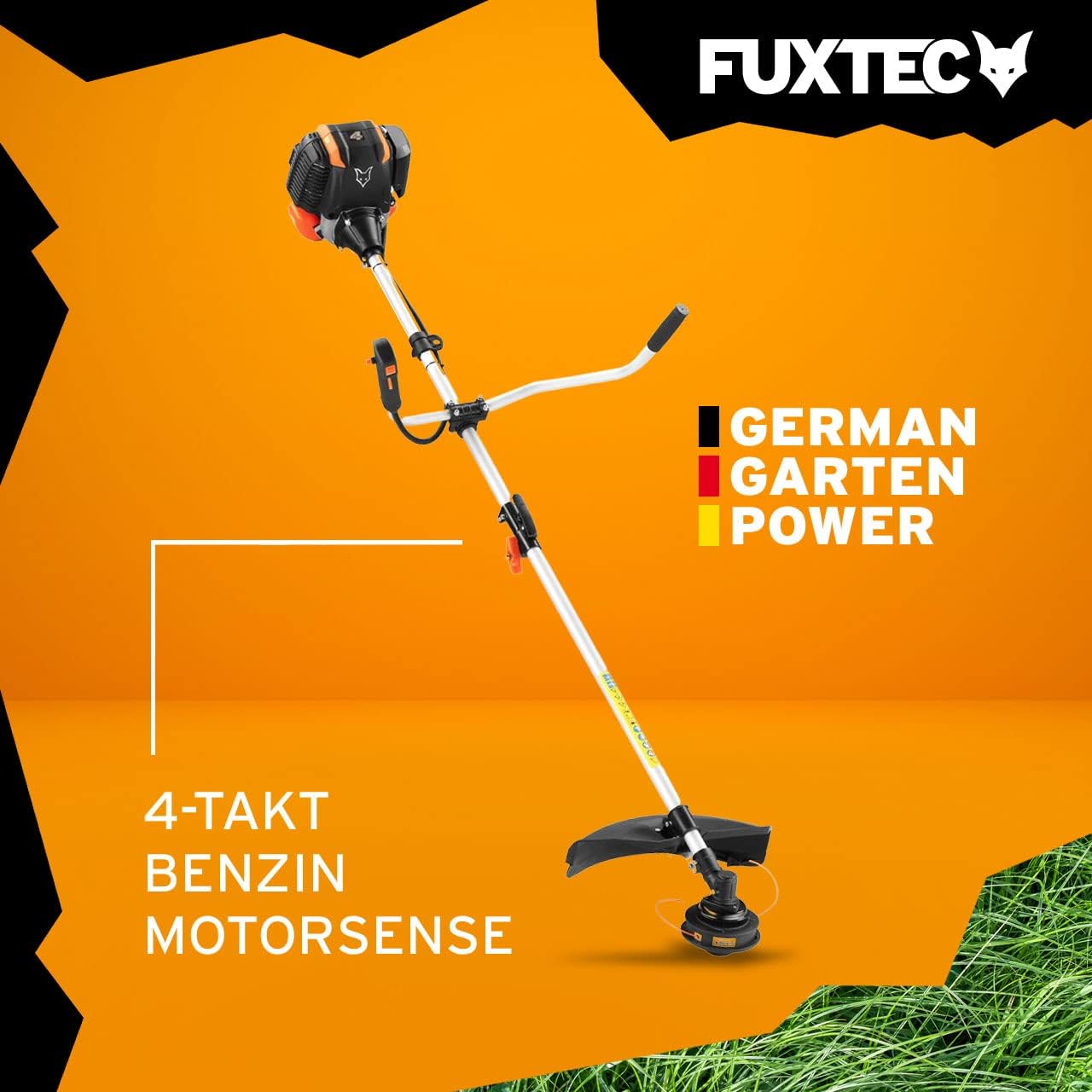 FUXTEC Benzin Motorsense FX-4MS142, Rasentrimmer mit 4-Taktmotor, 320 mm Schnittkreis, Geschwindigkeitsregler und Easy-Starter, inkl. Fadenspule/Profi-Tragegurt