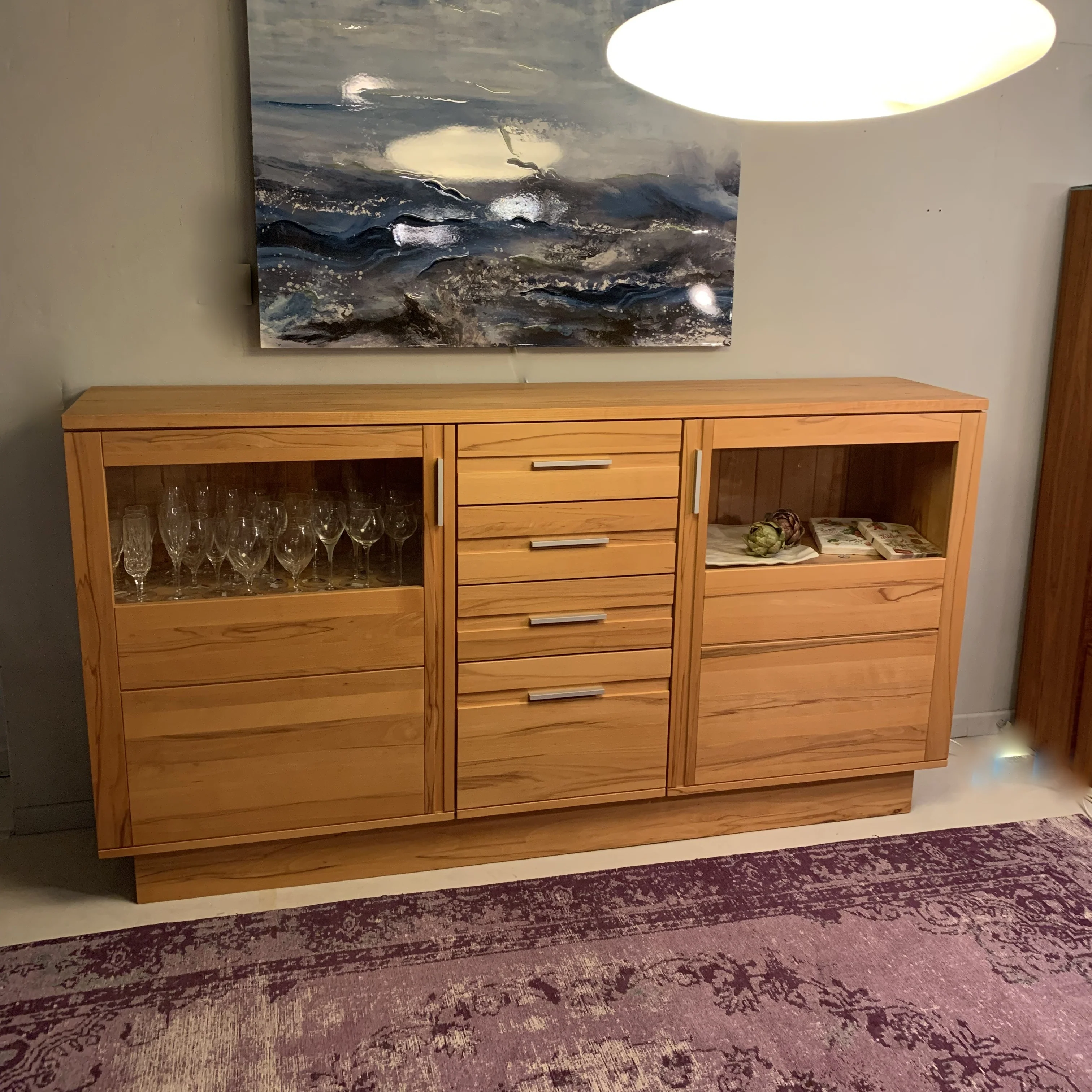 SALE! Modernes Landhaus Highboard mit Vitrine Kernbuche massiv 208x112x42cm Hochanrichte mit Schiebetüren und Beleuchtung