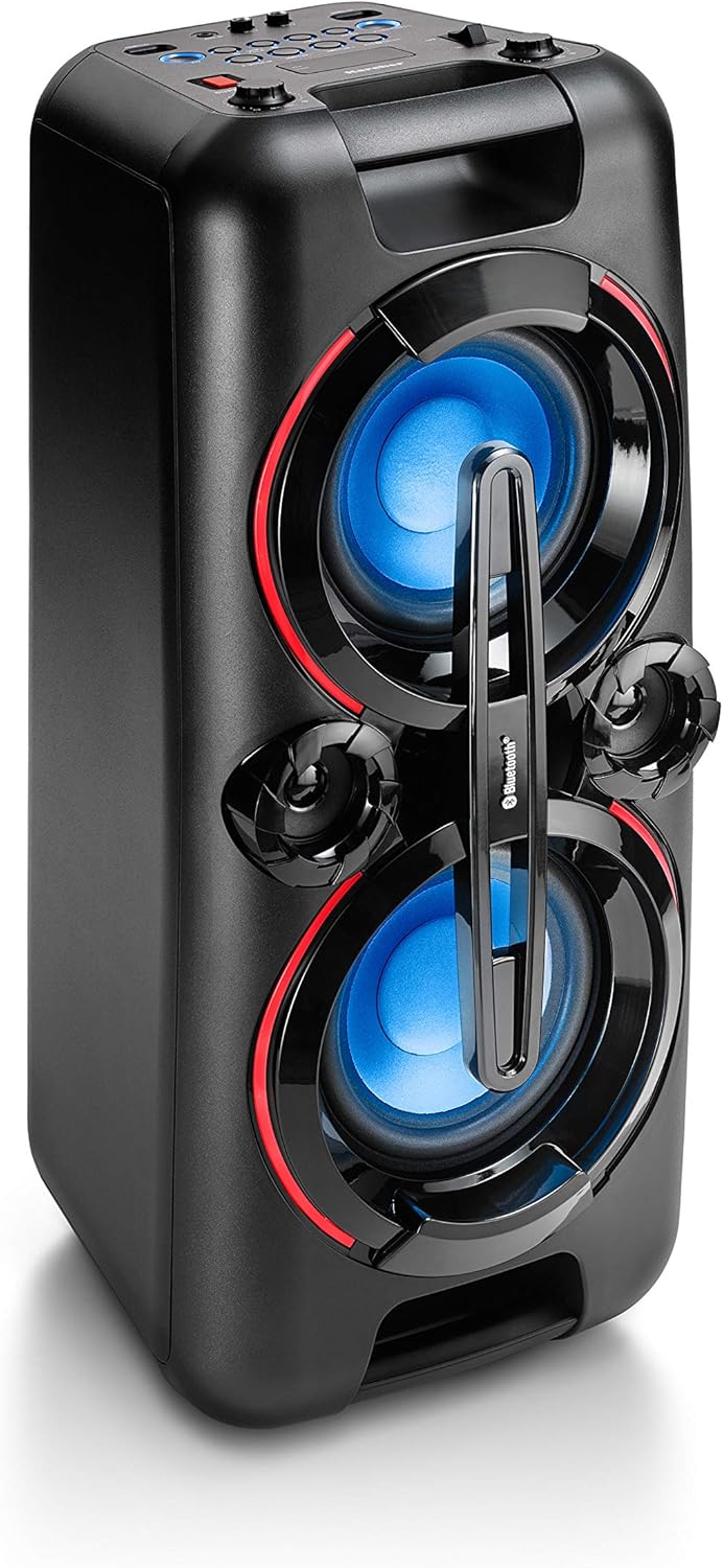 Karcher PS 4460 PartyBox in schwarz, Tragbarer Bluetooth Lautsprecher gro, Party Musikbox mit kraftvollem Bass und Lichteffekten, Mobile Box mit Akku, mit Radio, USB, inkl. Mikrofon