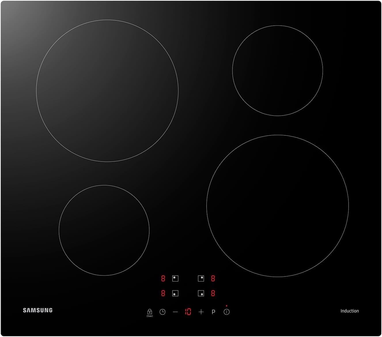 Samsung NZ64M3NM1BB Autarkes Induktionskochfeld, 60 cm große Herdplatte aus Glaskeramik, Rahmenlos, 4 Kochzonen mit Touch Steuerung, 9 Leistungsstufen, 4 Booster, Kindersicherung, Schwarz