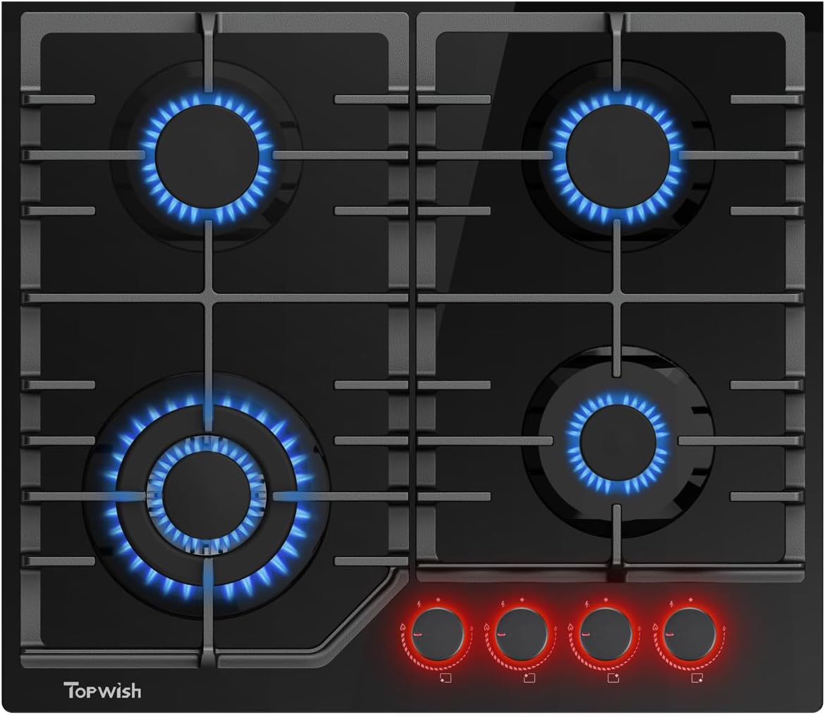 TOPWISH Gaskochfeld 4 flammig,Einbau Gaskochfeld,Gaskochfelder mit rote beleuchteter Drehknopf,ghärtetes Glas-Gaskochfeld,Glasherd,NG/LPG Konvertierbar,Automatischer Thermoelementschutz,60cm,8000 Watt