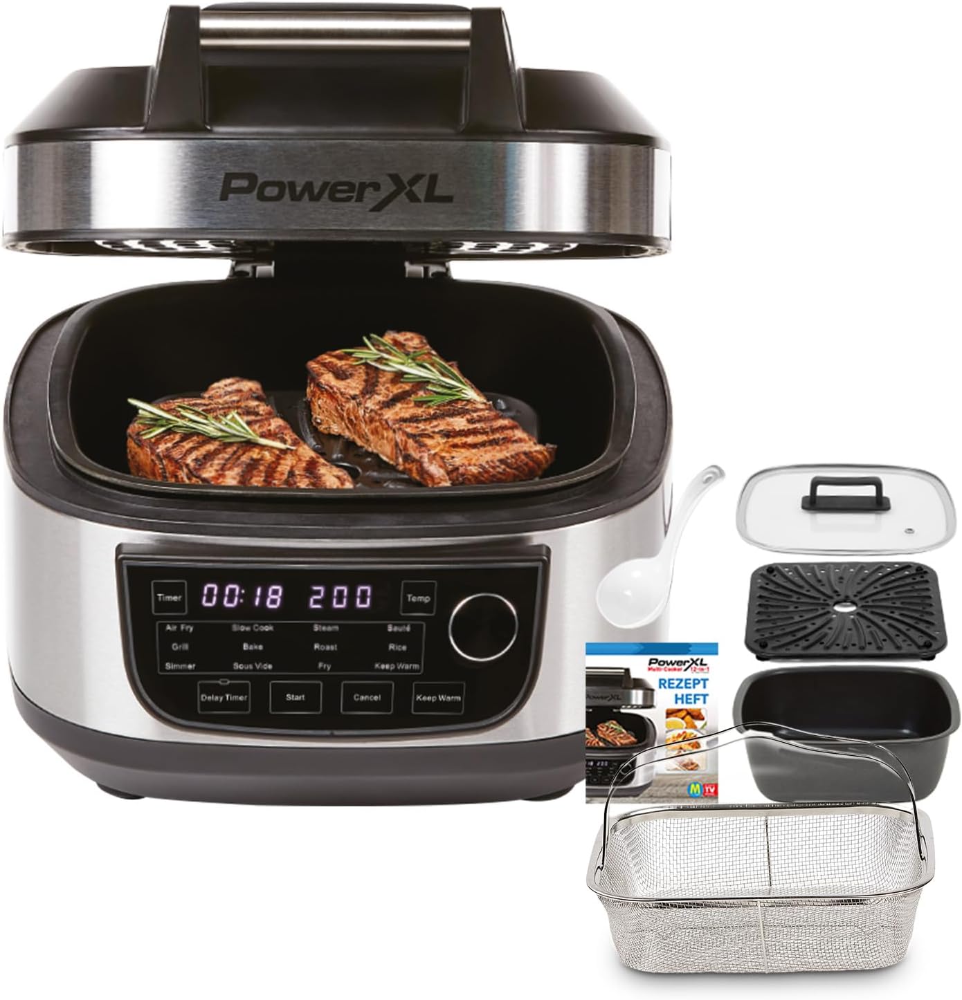 PowerXL MultiCooker - 12 in 1 Multikocher mit Warmhaltefunktion - Heißluftfritteuse, Backofen, Bratpfanne, Reiskocher uvm. - 5,7 Liter Fassungsvermögen - 12 Kochprogramme - Airfryer - Kaloriensparend