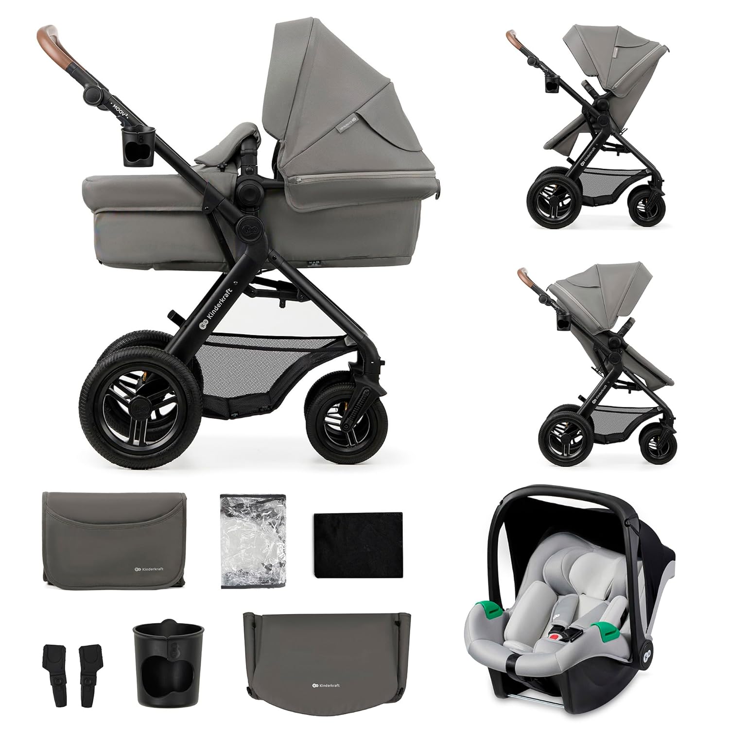 Kinderkraft MOOV2 AIR Kinderwagen 3 in 1 Kinderwagenset bis 26 kg mit Kindersitz I-SIZE 40-75 cm, Buggy Funktion, Liegeposition verstellbar, Große ausziehbare Verdeck, Aufblasbare Räder, Schwarz