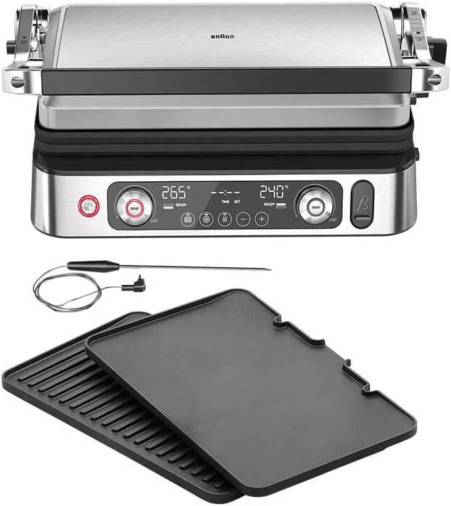Braun MultiGrill 9 Pro CG 9160, Elektrogrill mit 2 unabhängigen Thermostaten, 3 Kochpositionen, spülmaschinenfeste Platten, integrierte Thermosonde, 2200 W, Schwarz/Edelstahl