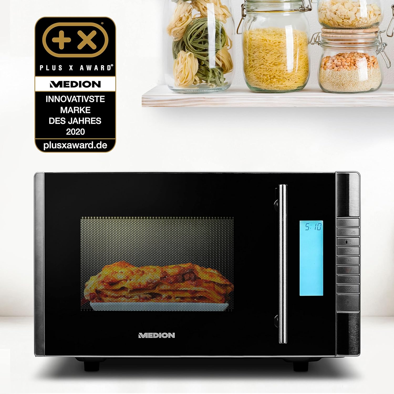 MEDION MD 14482 Mikrowelle mit Grill / 20L Garraum / 8 Automatikprogramme/Auftaufunktion / 800 Watt Mikrowellen- und 1000 Watt Grillleistung/Zeitschaltuhr/Grillrost/silber/schwarz