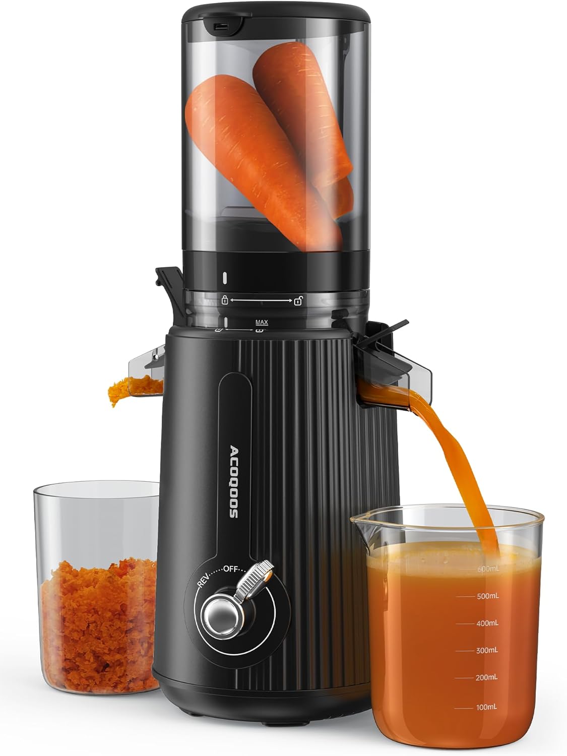 ACOQOOS Entsafter, Entsafter Gemüse und Obst with 110MM Einfüllffnung, Leicht zu Reinigen Slow Juicer Machine with 2 Cups Schwarz