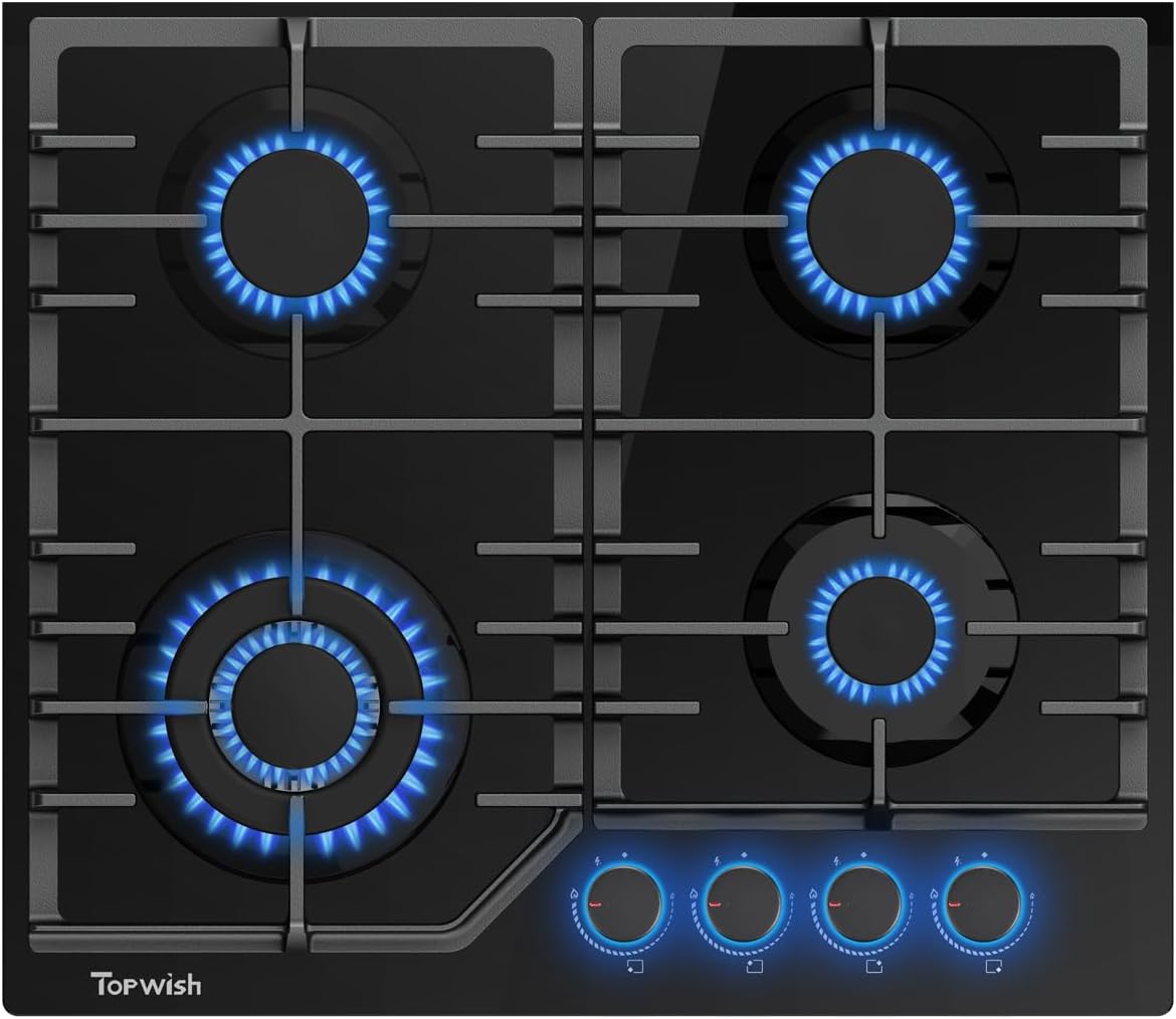 TOPWISH Gaskochfeld 4 flammig,Einbau Gaskochfeld,Gaskochfelder mit rote beleuchteter Drehknopf,ghärtetes Glas-Gaskochfeld,Glasherd,NG/LPG Konvertierbar,Automatischer Thermoelementschutz,60cm,8000 Watt