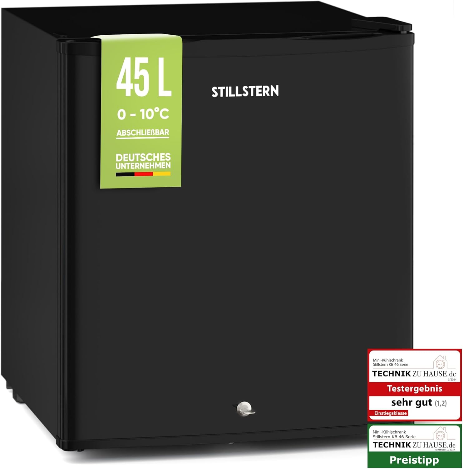 Stillstern Mini Kühlschrank E 45L mit Abtauautomatik, Schloss, Frostfach, Leise, Ideal für Küche, Büro, Schlafzimmer, Hotels und kleine Wohnungen Kühlschrank klein Minibar Getränkekühlschrank