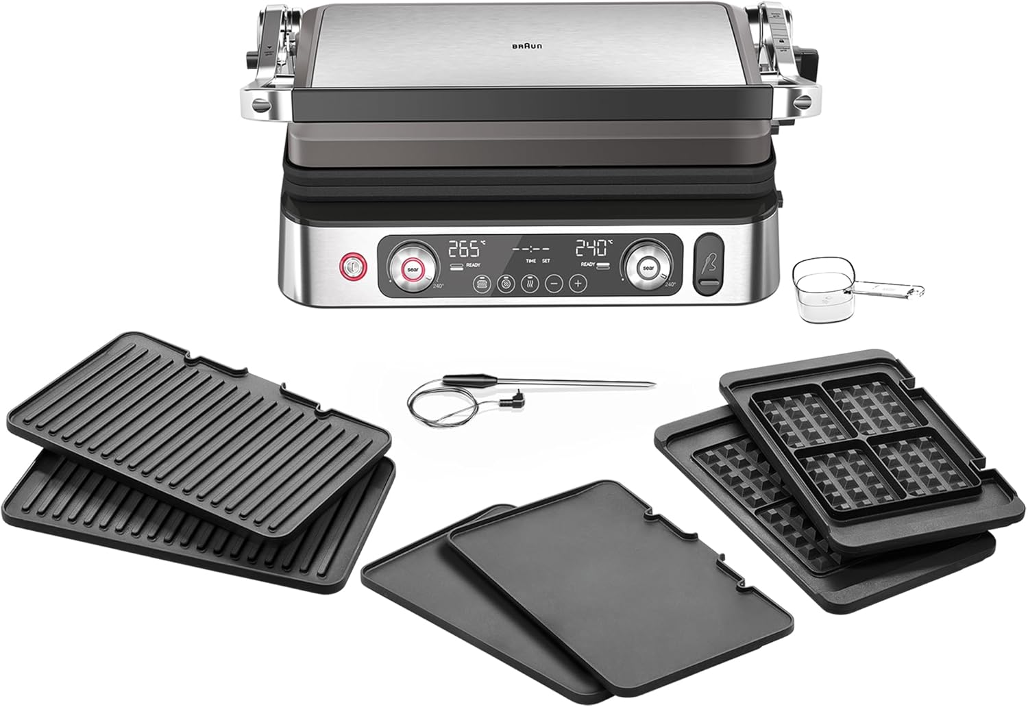 Braun MultiGrill 9 Pro CG 9160, Elektrogrill mit 2 unabhängigen Thermostaten, 3 Kochpositionen, spülmaschinenfeste Platten, integrierte Thermosonde, 2200 W, Schwarz/Edelstahl