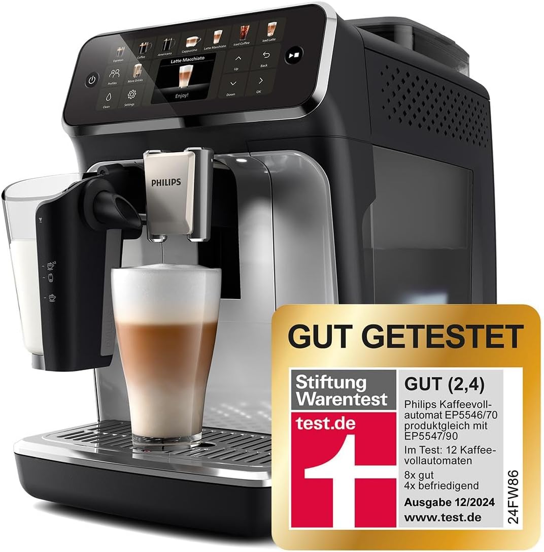 Philips Serie 5500 Kaffeevollautomat – LatteGo Milchsystem, 20 heiße und kalte Kaffeespezialitäten, 40% leiser mit SilentBrew, QuickStart, Grau (EP5544/50)