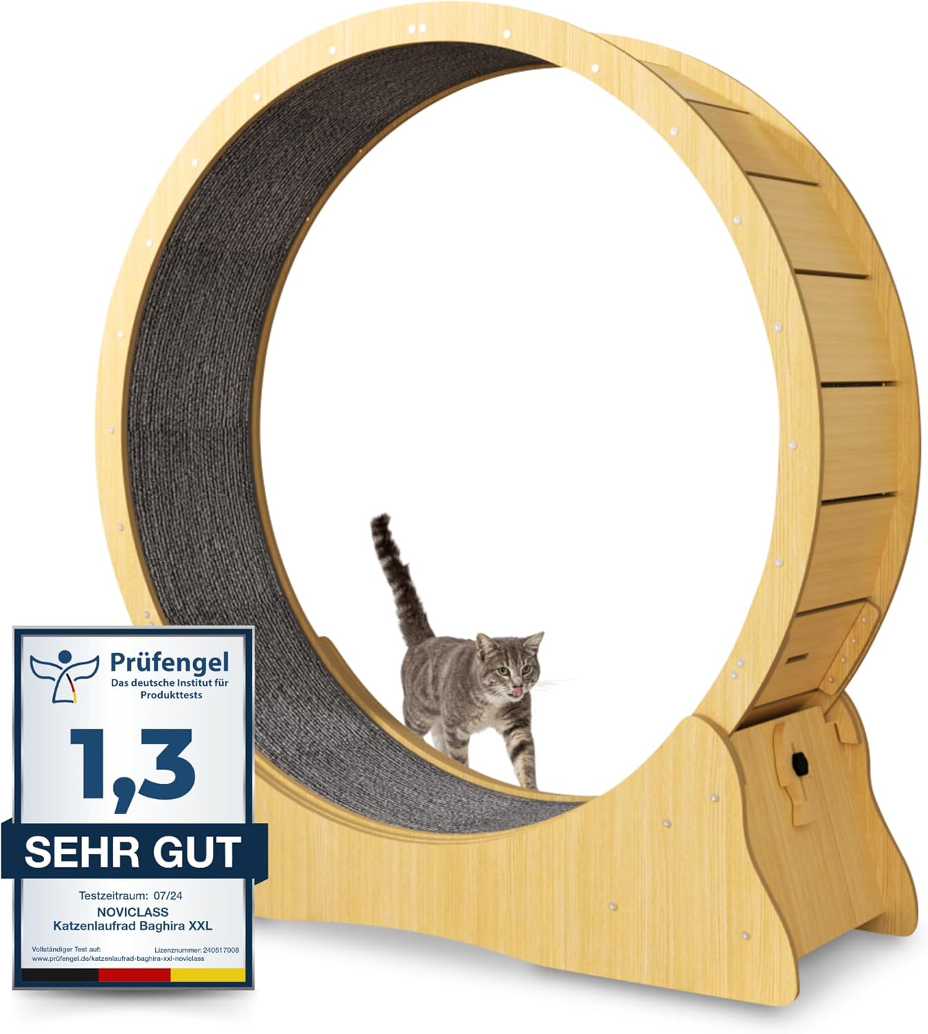 noviclass® Katzenlaufrad Baghira Groß XXL | 132cm Durchmesser Artgerecht für große Katzen | Kratzfest, stabil und leise | Gratis Spielzeug und E-Book | Geprüfte Qualität (Weiß)