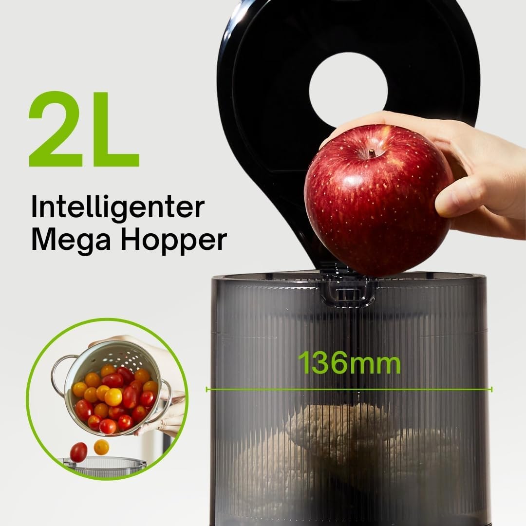 HUROM | Entsafter Gemüse und Obst | Slow Juicer | H320N | Elektrische Kaltpresse | Ruhiger Motor | Leicht zu Reinigen | mit groem Behlter und Siebfilter 2L | 200 Watt | BPA Frei | Schwarz