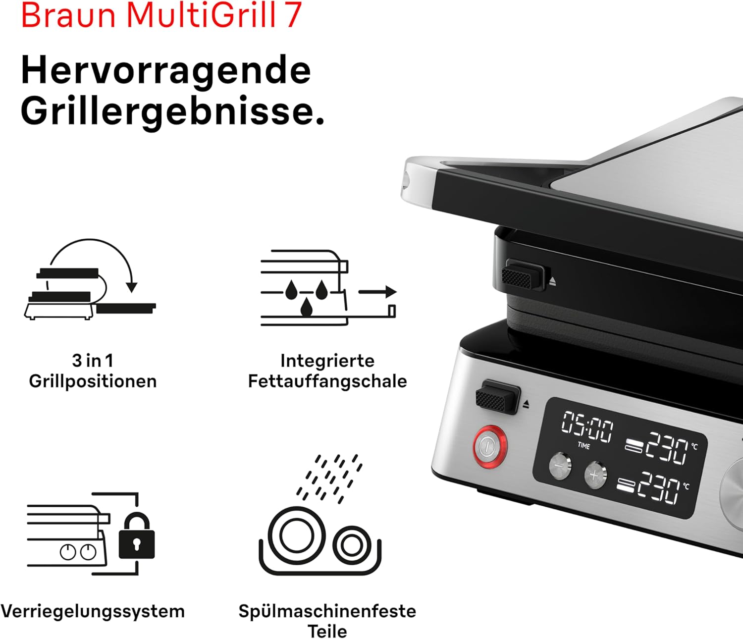 Braun MultiGrill 9 CG 9047 Kontaktgrill mit Grill-, Flach- und Waffelplatten, Grillpositionen: Kontakt, BBQ, Ofen, Spülmaschinenfeste Platten, Fettauffangschale, 230° Höchsttemperatur, Boost-Funktion