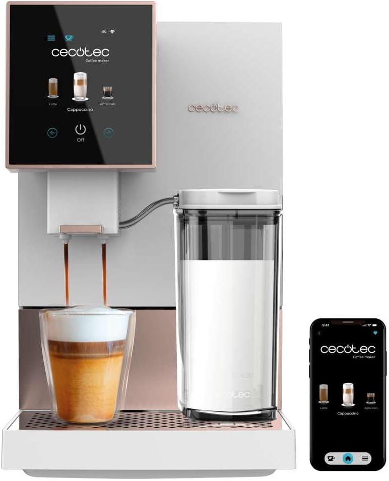 Cecotec Kompakte Superautomatische Kaffeemaschine mit Wifi Cremmaet Compactccino Connected Black Rose. 1350W, 19 Bar, TFT-Bildschirm und APP, Mahlwerk, Milchtank 400 ml und 1 Liter Wasser