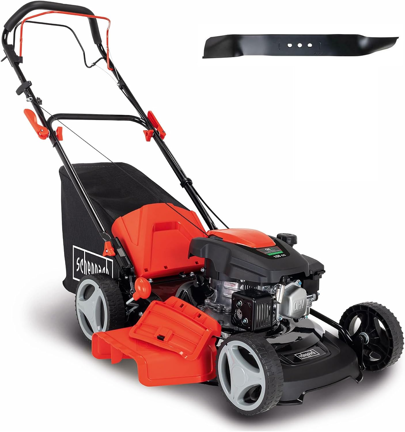 Scheppach MS161-46 Benzin Rasenmäher - 46 cm Schnittbreite | 55 Liter Fangkorb | Stahlgehäuse | 7-stufige Höhenverstellung | Mulchfunktion | Radantrieb | Seitenauswurf | inkl. Motoröl