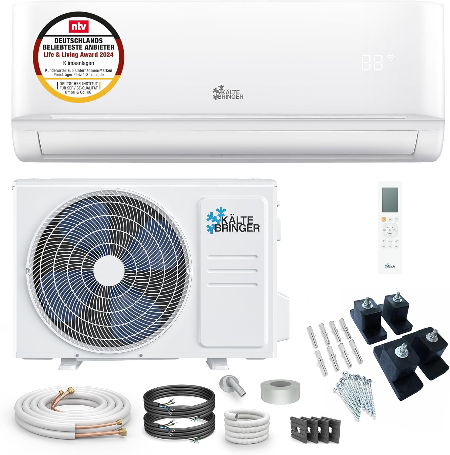 Kältebringer Split Klimaanlage - 9000 BTU (2,6 kW) - Klimagerät mit Heizfunktion, WiFi & App, bis 45qm, sehr leise - Set mit 5m Kupferleitung, Kältemittel R32, Montagematerial, Wandhalterung