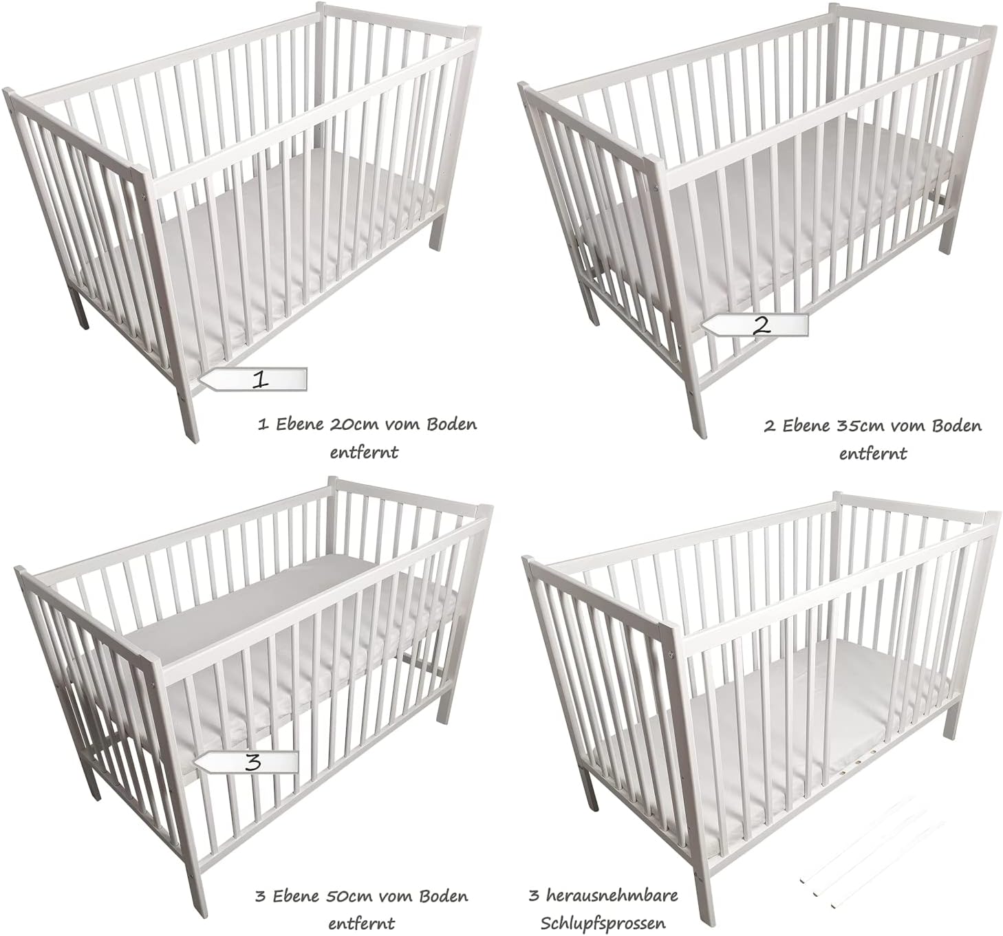 Bello24 - 16 Teiliges Babybett Kinderbett und Bettwäsche komplett Set Happy Leo inkl. Matratze höhenverstellbar für Neugeborene Babys und Kleinkinder aus Massivholz (Grau - Teddybär Mond)
